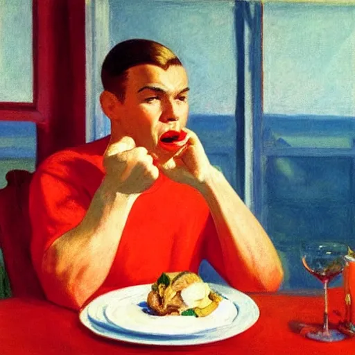 Image similar to an attractive man wearing a hair clip in red silky shorts eating salmon by Edward Hopper