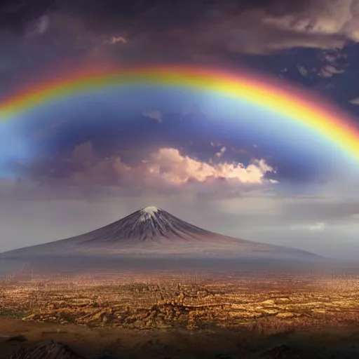 Image similar to a detailed matte painting of noah's ark, double rainbow in a clear blue sky, mount ararat far away in the background, art by artgerm and greg rutkowski and alphonse muchan, cosmic, heavenly, god rays, intricate detail, cinematic, 8 k, cel shaded, unreal engine, featured on artstation, pixiv