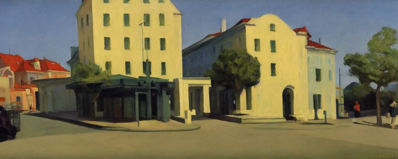 Prompt: an edward hopper style painting of a ( ( ( ( ( ( ( ( miskolc, a city in northeastern hungary ) ) ) ) ) ) ) ), early - summer, june of 1 9 4 8