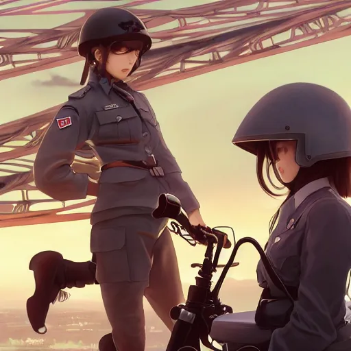 Image similar to anime style, panoramic view, a girl riding a motorbike, symmetrical facial features, vintage, soldier clothing, battlefield in background, hair down, real faces, from arknights, hyper realistic, 4 k, extreme detail, trending artstation, safebooru, realistic lighting, by alphonse mucha, greg rutkowski, sharp focus