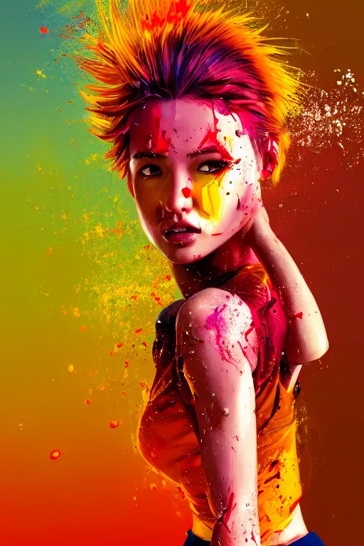 Image similar to a award winning half body portrait of a beautiful woman in a croptop and cargo pants with ombre red orange yellow hairstyle with head in motion and hair flying, paint splashes, splatter, outrun, vaporware, shaded flat illustration, digital art, trending on artstation, highly detailed, fine detail, intricate