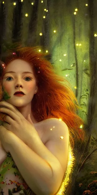 Prompt: young woman, smiling amazed, surrounded by firefly lights, full covering intricate detailed dress, amidst nature, long red hair, precise linework, accurate green eyes, small nose with freckles, beautiful smooth oval shape face, empathic, expressive emotions, dramatic lights, hyper realistic ultrafine art by artemisia gentileschi, jessica rossier, boris vallejo