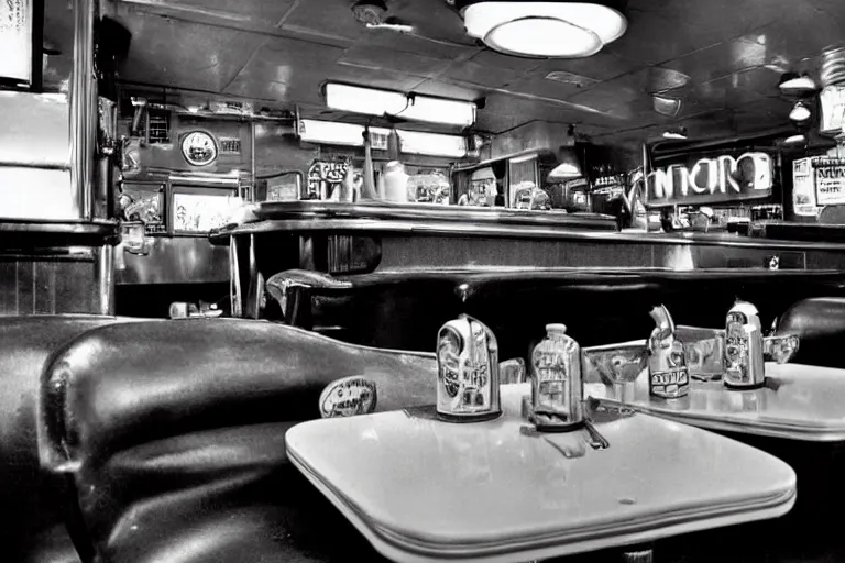 Prompt: realistic photo of a diner in the 1 9 5 0 s, highly detailed, film noir,