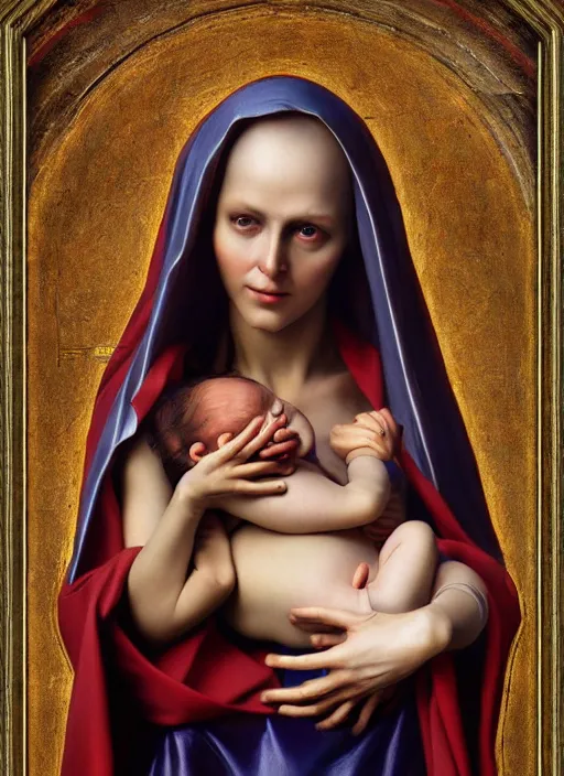 Image similar to realistic detailed 8k photo of futuristic holy cyborg-mother holding a newborn baby child in hands by Raphael Santi, Neo-Gothic, gothic, rich deep colors. masterpiece