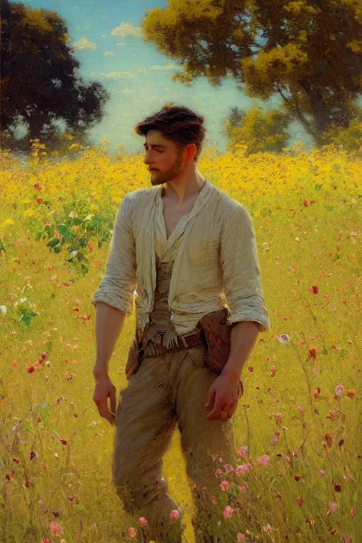 Prompt: attractive man in flower field, painting by gaston bussiere, craig mullins, j. c. leyendecker, ghibli style