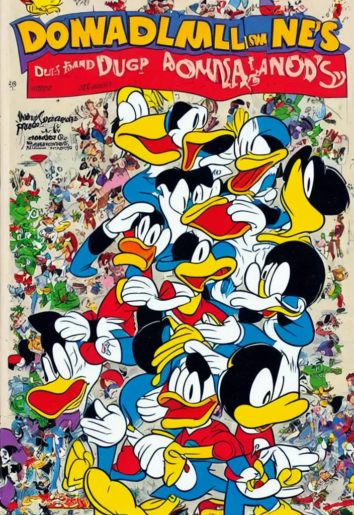 Prompt: donald duck's drug addiction, comic book cover by don rosa