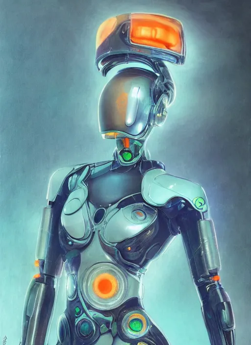 Image similar to ( ( symmetry ) ) closeup portrait of a chrome mech cyborg android stunning girl, fashion racer jumpsuit with shoulder pads, cinematic light, teal orange, viscous volumetric smoke, mist, by gerald brom, by mikhail vrubel, by peter elson, muted colors, extreme detail, trending on artstation, 8 k