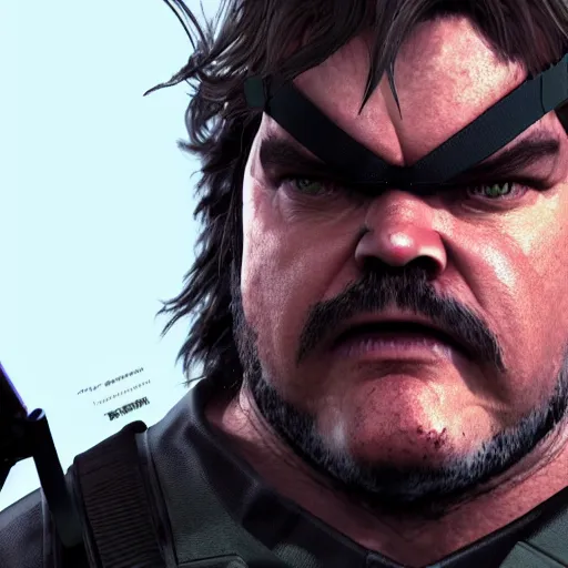 Image similar to Jack Black as a Metal Gear Solid Villain 2005 JRPG cinema 4d render, Ray tracing reflection, natural lighting, Unreal Engine award winning photography