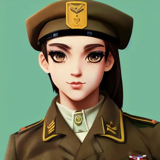 Image similar to portrait bust of young woman with shoulder - length light brown hair and hazel eyes dressed in a sharp dark teal military uniform with beret, smiling, ilya kuvshinov, anime, loish, ross tran