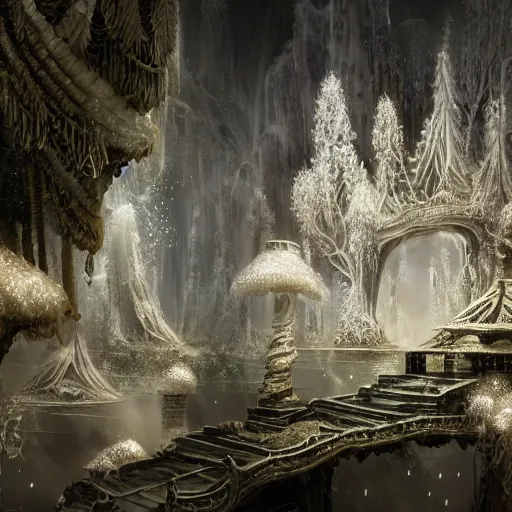 Image similar to under an white intricate like lace epic forest suspended in the air upside down, a white pool with intricate epic circles of water within floating female robots, dressed in intricate veils and jewels, and an intricate mythological underwater city, epic environment, matte painting, diffused lighting, highly detailed, cinematic, epic atmosphere, digital art, trending on artstation, wide angle