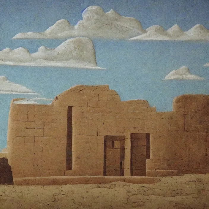 Prompt: a building in a serene landscape, ancient sumer painting