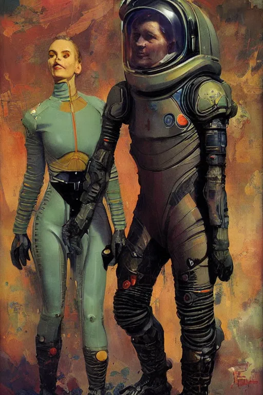 Image similar to pulp scifi fantasy illustration full body portrait of huge martian standing beside elegant woman wearing latex spacesuit, by norman rockwell, jack kirby, bergey, craig mullins, ruan jia, jeremy mann, tom lovell, 5 0 s, astounding stories, fantasy