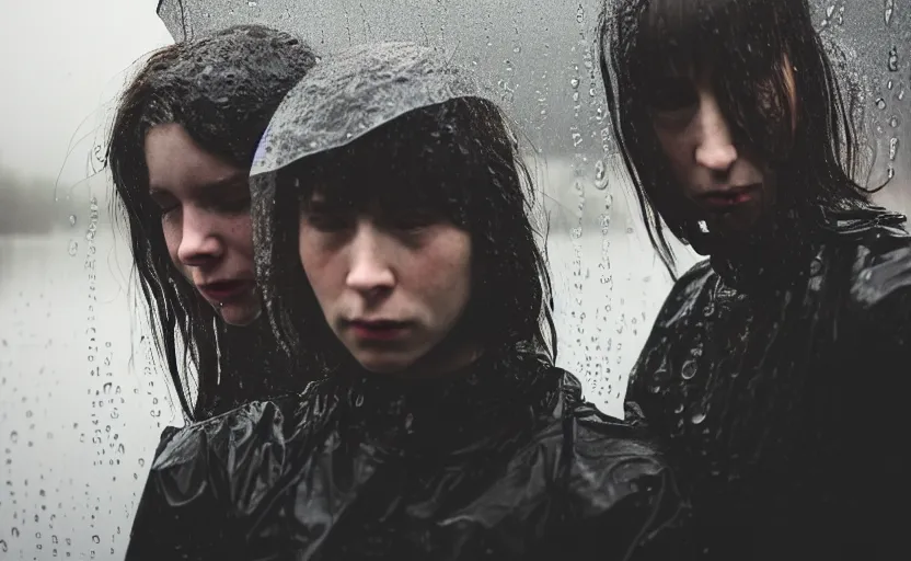 Image similar to cinestill 5 0 d candid photographic portrait by helen levitt of two loving female androids wearing rugged black mesh techwear in treacherous waters, extreme closeup, modern cyberpunk moody depressing cinematic, pouring rain, 8 k, hd, high resolution, 3 5 mm, f / 3 2, ultra realistic faces, ex machina