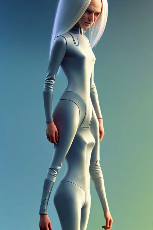 Prompt: upright and straight women, scifi, futuristic design, full body model, long white hair, character design, cinematic lighting, highly detailed, by beeple, goro fujita, smooth gradient.