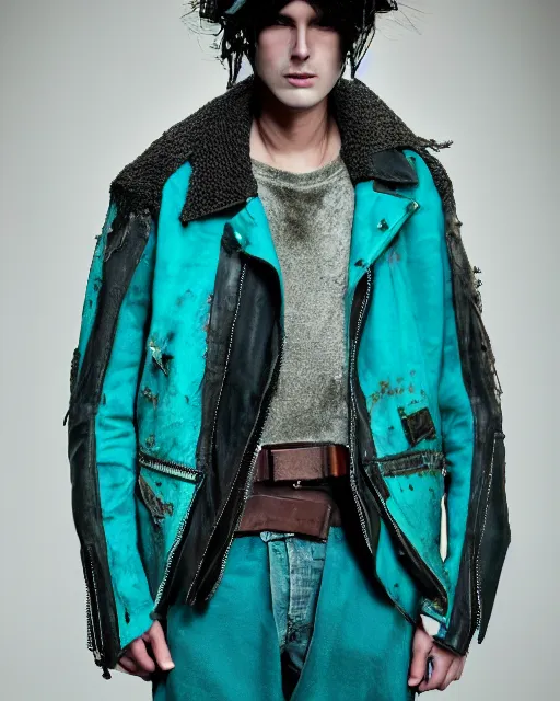 Prompt: an award - winning photo of a male model wearing a baggy teal distressed medieval menswear motorcycle jacket by issey miyake, 4 k, studio lighting, wide angle lens