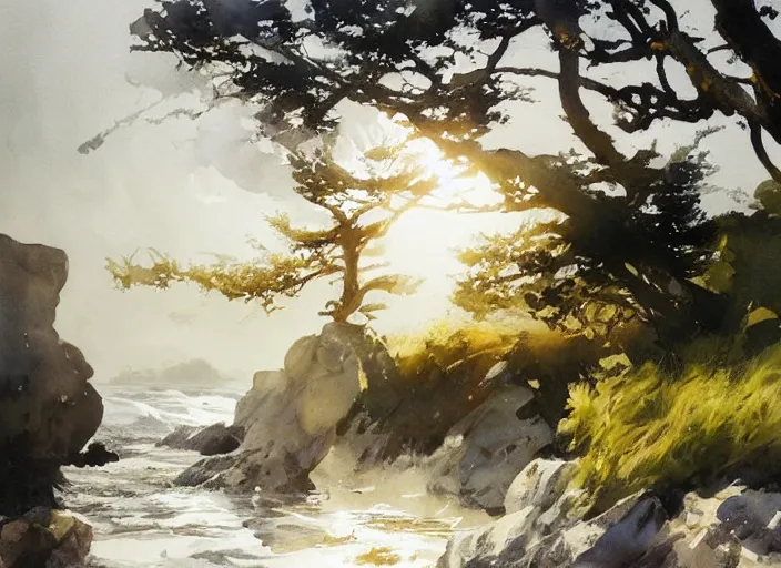 Prompt: abstract watercolor painting of wild wavy ocean, trees, sunshine, art by anders zorn, wonderful masterpiece by greg rutkowski, beautiful cinematic light, american romanticism by greg manchess, creation by tyler edlin