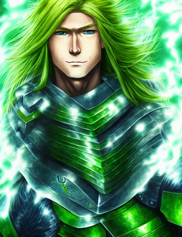 Image similar to a detailed manga portrait of a long haired blonde man with blue eyes in green armour glowing with green energy, trending on artstation, digital art, 4 k resolution, detailed, high quality, sharp focus, hq artwork, coherent, insane detail, character portrait