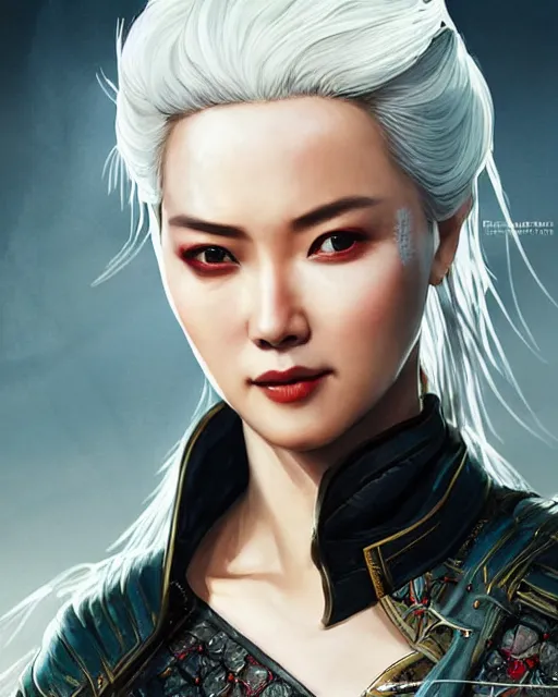 Image similar to Zhang Ziyi as Ciri from Witcher 3 by Artgerm and Greg Rutkowski, wearing haute couture by schiaparelli, sharp focus, sun rays, intricate, elegant, highly detailed, digital painting, masterpiece.