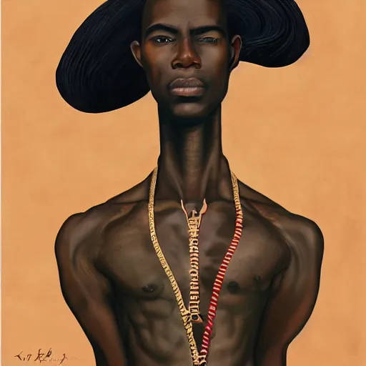 Prompt: a professionally painted african male model , clothed in ancient suit, dark skin, red gold hair, beautiful bone structure, symmetrical features, stunningly beautiful, intricate, elegant, digital painting, smooth, sharp focus, illustration, made by Kehinde Wiley, Kara Walker, Jacob Lawrence, Sam Gilliam, Edmonia Lewis, in a open green field