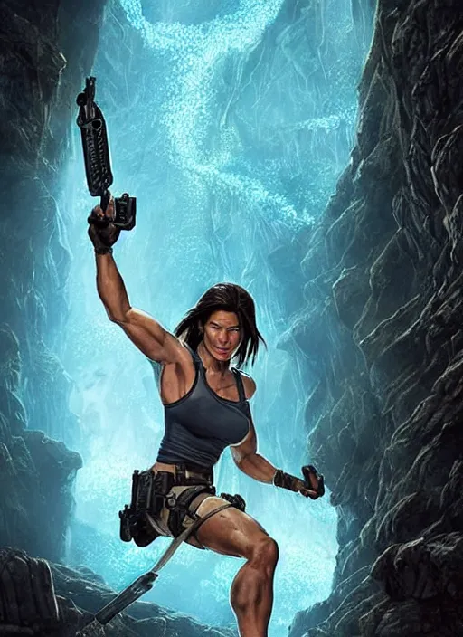 Image similar to muscled Sandra Bullock as Lara Croft as a ruggedly handsome heroine looking directly into the camera, jumping off a glowing artifact lodged in shallow blue glowing water, intricate, elegant, highly detailed, artstation, concept art, smooth, sharp focus, illustration, bokeh art by artgerm and donato giancola and Joseph Christian Leyendecker, WLOP, fireflies, distant snowstorm and thunder