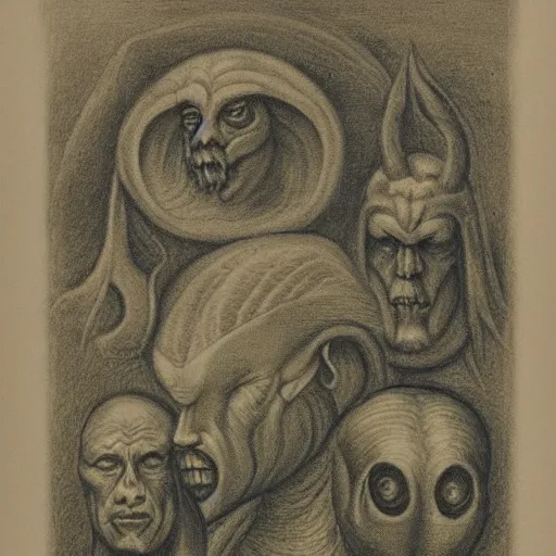 Image similar to portrait mezzotint of a group of mythical monsters and beasts in a squishy style