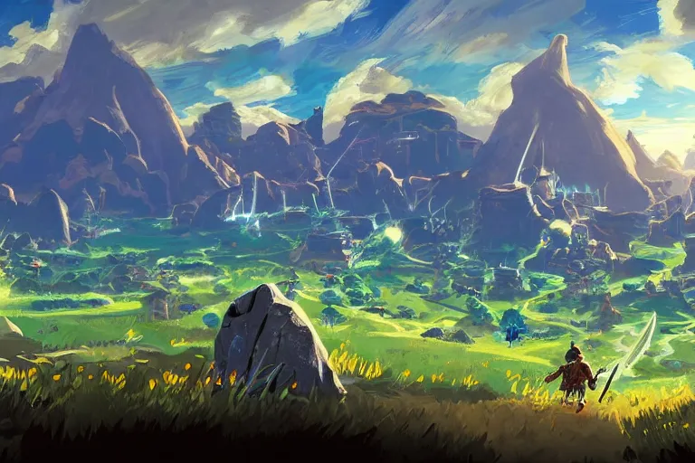 Image similar to an in game chaotic landscape from the legend of zelda breath of the wild, breath of the wild art style.