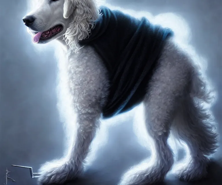 Prompt: beautiful fantasy character portrait of a maremma dog wearing a black hoodie, extra fluffy fur, ultra realistic, dramatic lighting, the fifth element artifacts, highly detailed by peter mohrbacher, hajime sorayama, wayne barlowe, boris vallejo, aaron horkey, gaston bussiere, craig mullins