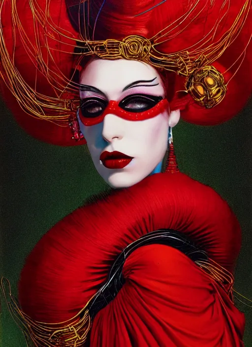 Prompt: an 8 0 s portrait of a woman with dark eye - shadow and red lips with dark slicked back hair, a mask made of wire and beads, dreaming acid - fueled hallucinations, psychedelic by serge lutens, rolf armstrong, delphin enjolras, peter elson, red cloth background, frilled blooming collar