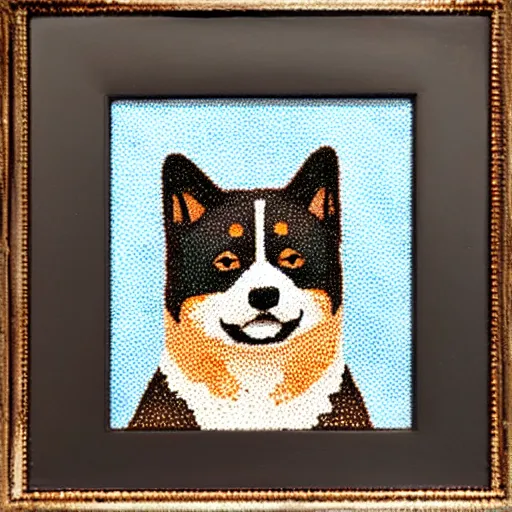 Image similar to pointillism, black and brown Shiba