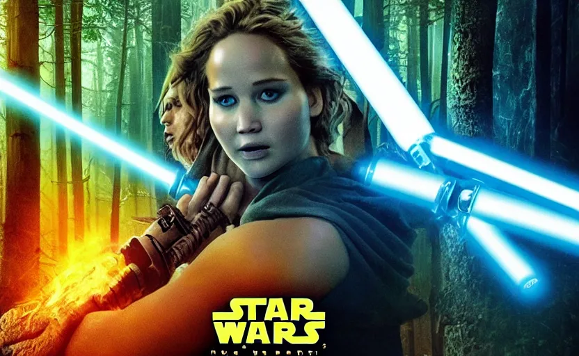 Prompt: jennifer lawrence as a jedi with a blue lightsaber in an ancient bioluminescent forest, new star wars movie poster from lucas arts, perfect symmetrical face, full moon, moody lighting, 8 k, shallow depth of field, intricate detail,