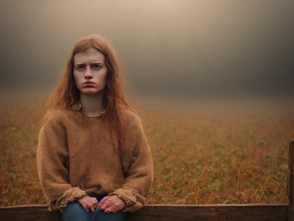 Prompt: medium shot portrait bust of young woman sitting on fence, tired expression, faded color film, russian cinema, tarkovsky, technicolor, heavy forest, wood cabin in distance, shallow depth of field, long brown hair, old clothing, heavy fog, brown color palette, sunset, low light, hudson river school, 4 k, dramatic lighting
