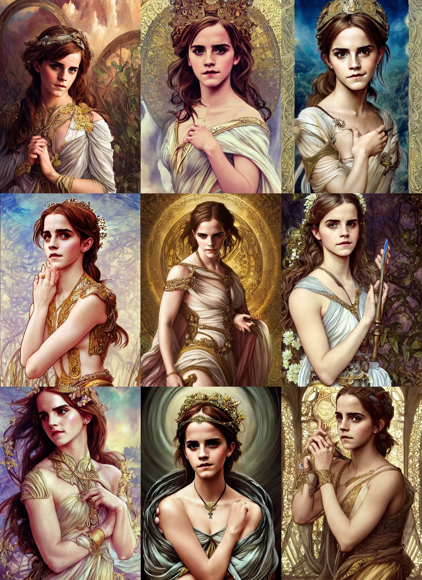 Prompt: Emma Watson as a Greek Goddess, cute, fantasy, intricate, elegant, highly detailed, digital painting, 4k, HDR, concept art, smooth, sharp focus, illustration, art by artgerm and H R Giger and alphonse mucha