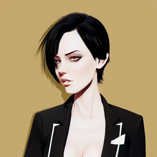 Image similar to slim girl in tuxedo with short black hair, elegant, 2d, ultra highly detailed, digital painting, smooth, sharp focus, artstation, portrait art by Ilya Kuvshinov