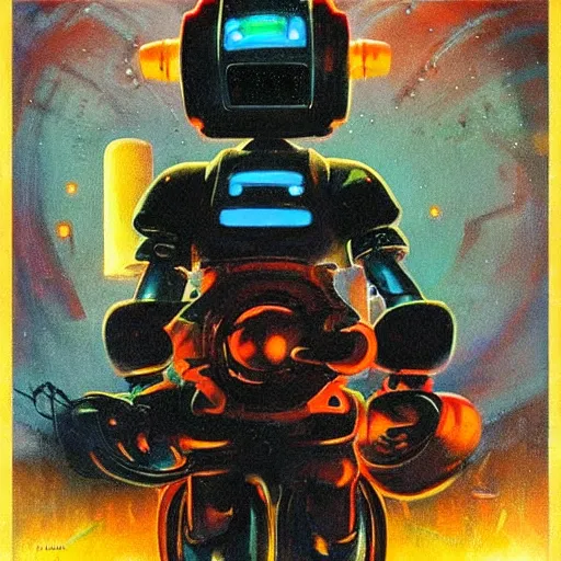 Image similar to a dark and colorful close - up of a sci - fi mecha supermario robot with led lights glowing fog in the background. highly detailed science fiction painting by norman rockwell, frank frazetta, and syd mead. rich colors, high contrast, gloomy atmosphere, dark background. trending on artstation