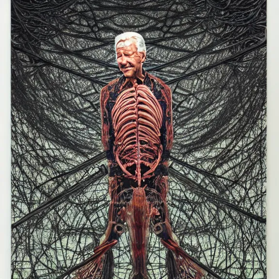 Prompt: Joe Biden full body portrait, biomechanical, by Neri Oxman and alexander mcqueen metal couture editorial, in mycelium hanging garden by giger by utagawa kuniyoshi