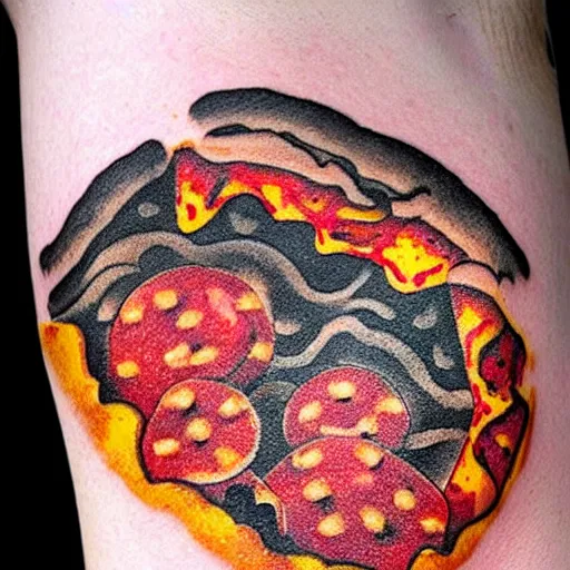 Prompt: tattoo of a slice of pizza made out of lava with rock toppings, red, white, yellow and black ink, hyperdetailed, realistic