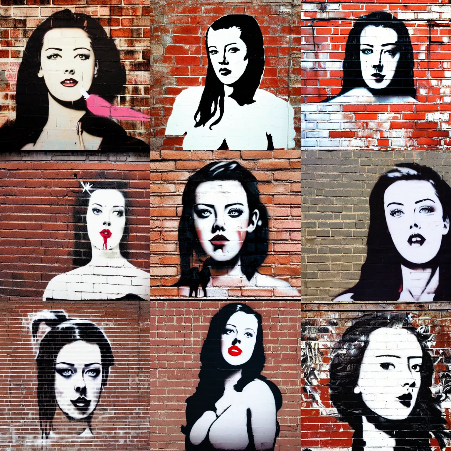 Prompt: portrait of angelawhite on brick wall, by banksy