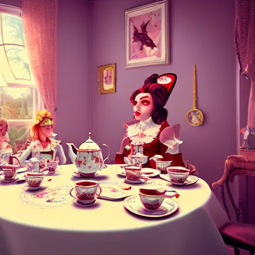 Prompt: wonderland tea party, highly detailed, 4k, HDR, award-winning, artstation, octane render