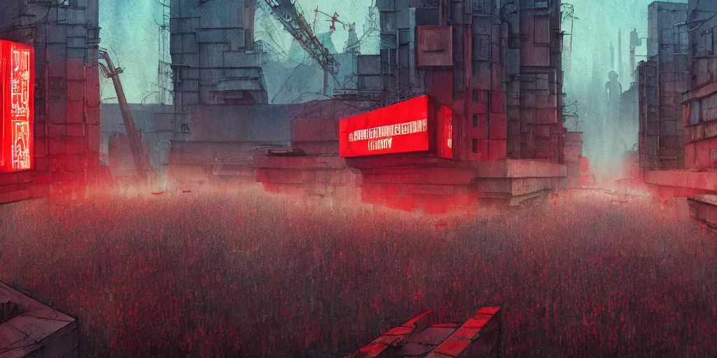 Image similar to landscape of a communist cyberpunk soviet city with neon hammer and sickle signs, crowds of people, brutalist architecture, watercolor, ultra realistic, highly detailed, hd, sharp focus, cinematic lighting, mood lighting, realistic, photorealistic, vivid colors, painting, photograph, digital art, non blurry, sharp, artstation, concept art, smooth, illustration