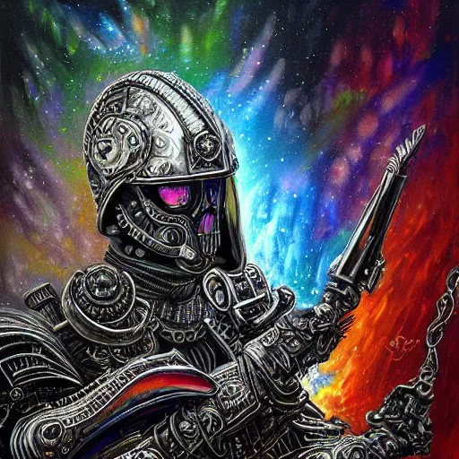 Prompt: Dark gritty realistic highly detailed intricate artistic award winning digital oil painting featuring the iridescent ornate cloaked hooded warrior partially cybernetic dark entity god of future technology brandishing cosmic smoking iridescent weaponry, intricate, ornate, black armor with hints of rainbow and gothic influence, smooth oil painting, muted realistic colors, epic megastructure space scene background, super intricate, galactic, moody colors, realistic, real colors, moody, ominous, dangerous aura, microchips, crystallic, iridescent, lasers, gems, multicolored glints, precious elements, beautiful, detailed, concept art, render, unreal engine, 4K, artstation