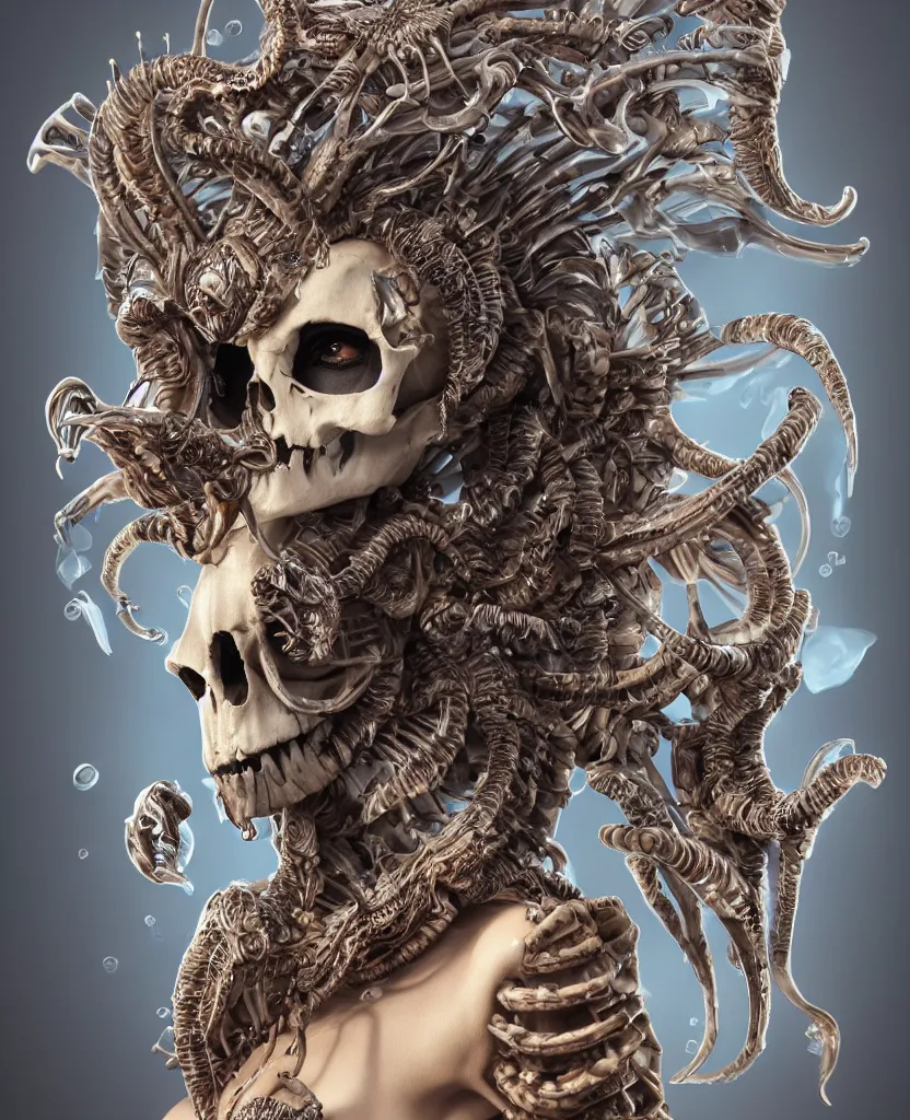 Image similar to close-up macro portrait of the face of a beautiful princess with ram animal skull mask, epic angle and pose, ribcage skeleton symmetrical artwork, 3d with depth of field, blurred background, cybernetic jellyfish female face phoenix bird, translucent, nautilus, energy flows of water and fire. a highly detailed epic cinematic concept art CG render. made in Maya, Blender and Photoshop, octane render, excellent composition, cinematic dystopian brutalist atmosphere, dynamic dramatic cinematic lighting, aesthetic, very inspirational, arthouse. y Greg Rutkowski, Ilya Kuvshinov, WLOP, Stanley Artgerm Lau, Ruan Jia and Fenghua Zhong