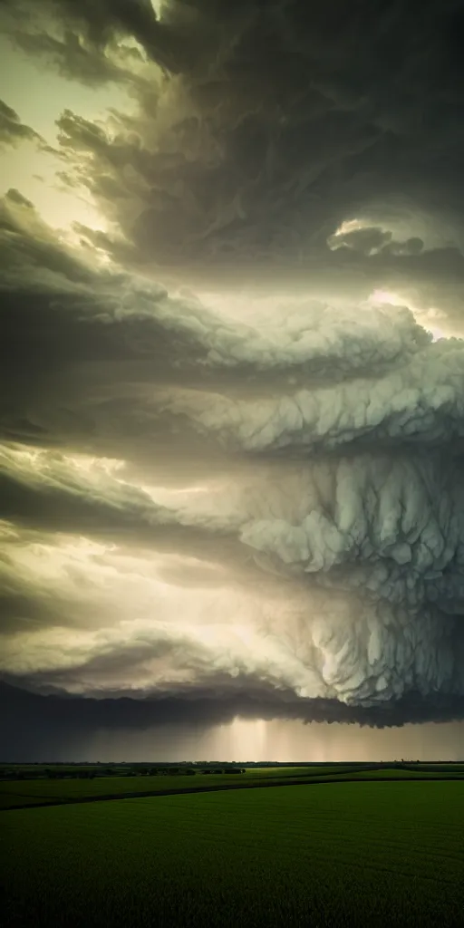 Image similar to a supercell storm dark and brooding far away in the distance, open farming fields the foreground during sunset, nature, cinematic, hyperrealistic, evil, dark, cgsociety, 8 k, by stephen king