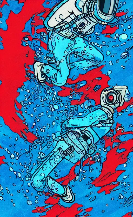 Image similar to drowning astronaut under water, red or blue plants, panic, hyperdetailed, hyperrealistic, cyberpunk style