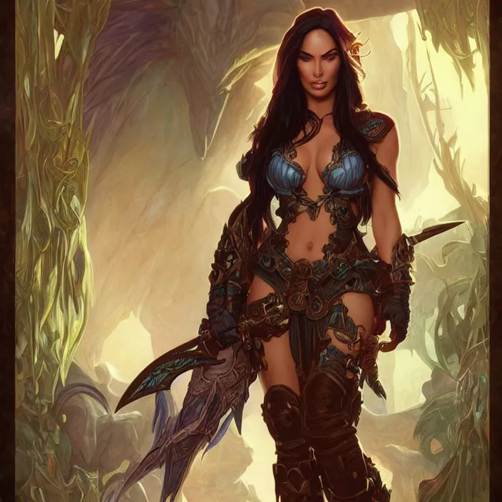 Image similar to megan fox in world of warcraft by artgerm, greg rutkowski, alphonse mucha