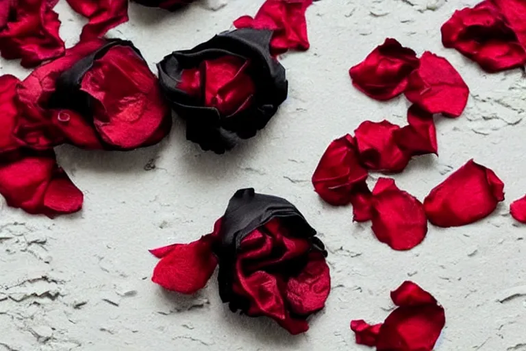 Prompt: a photo of black silk with red rose petals scattered around it, image apothecary, beautiful