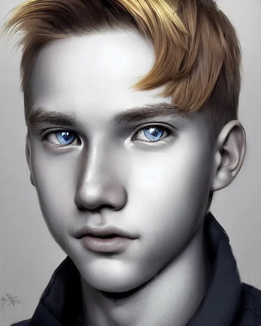 Image similar to portrait of 1 5 - year - old boy with blonde hair, round - face, with slightly buck - toothed, hyper realistic face, beautiful eyes, character art, art by artgerm lau and wlop and and ilya kuvshinov and john singer sargent, hyperdetailed, symmetrical, cryengine, trending on artstation, digital art