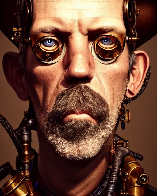 Image similar to steampunk portrait of hugh laurie, au naturel, hyper detailed, digital art, trending in artstation, cinematic lighting, studio quality, smooth render, unreal engine 5 rendered, octane rendered, art style by klimt and nixeu and ian sprigger and wlop and krenz cushart.