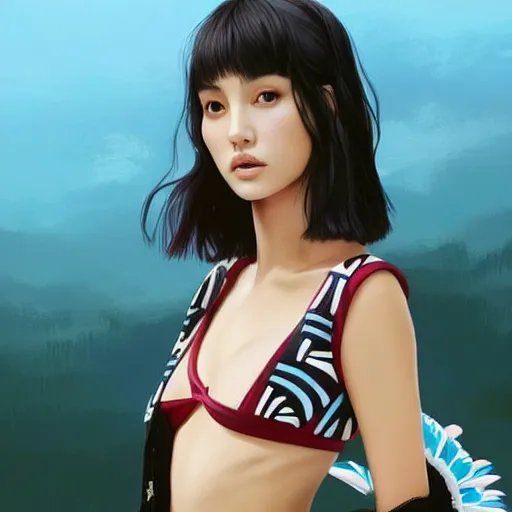 Image similar to a beautiful young japanese natalie portman alluring gravure model, stylized concept art, wearing elegant designer bomber jacket and one piece bikini, bomber jacket with mesoamerican patterns, mesoamerican native street fashion, princess mononoke, painted by ilya kuvshinov aesthetic, gorgeous, stunning, alluring, attractive, artstation, pinterest, digital art