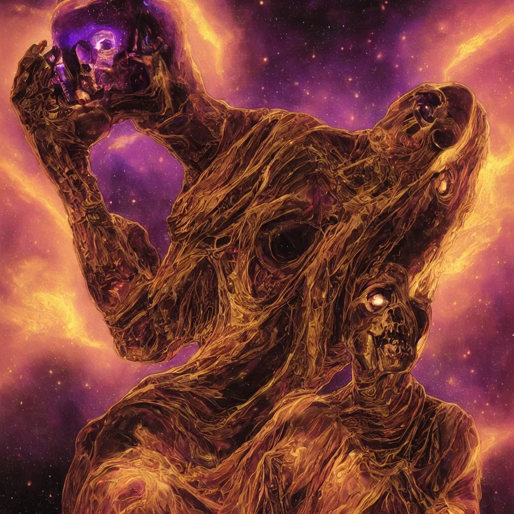 Image similar to intense glowing egyptian mummy god with ancient bandages and intense black eyes with a skull in very dark cosmic nebula by artgerm and beksinski and alphonse mucha, portrait, fantasy, clear, light beams, lens flare, intense, pharoah, uhd, amazing depth, cinematic lighting, black and purple and shining gold