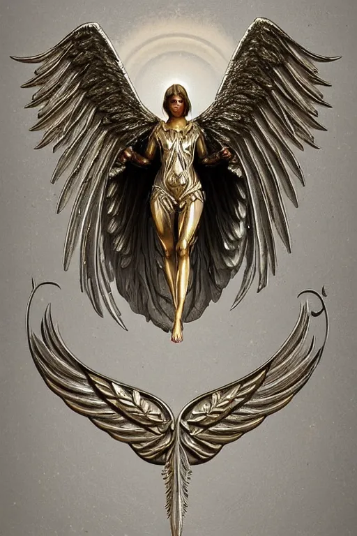 Image similar to Old angel symbol of archangel Gabriel. Symbol made out of metal. Cooper lining ,intricate, elegant, highly detailed, digital painting, artstation, concept art, smooth, sharp focus, illustration, art by Ilja Repin